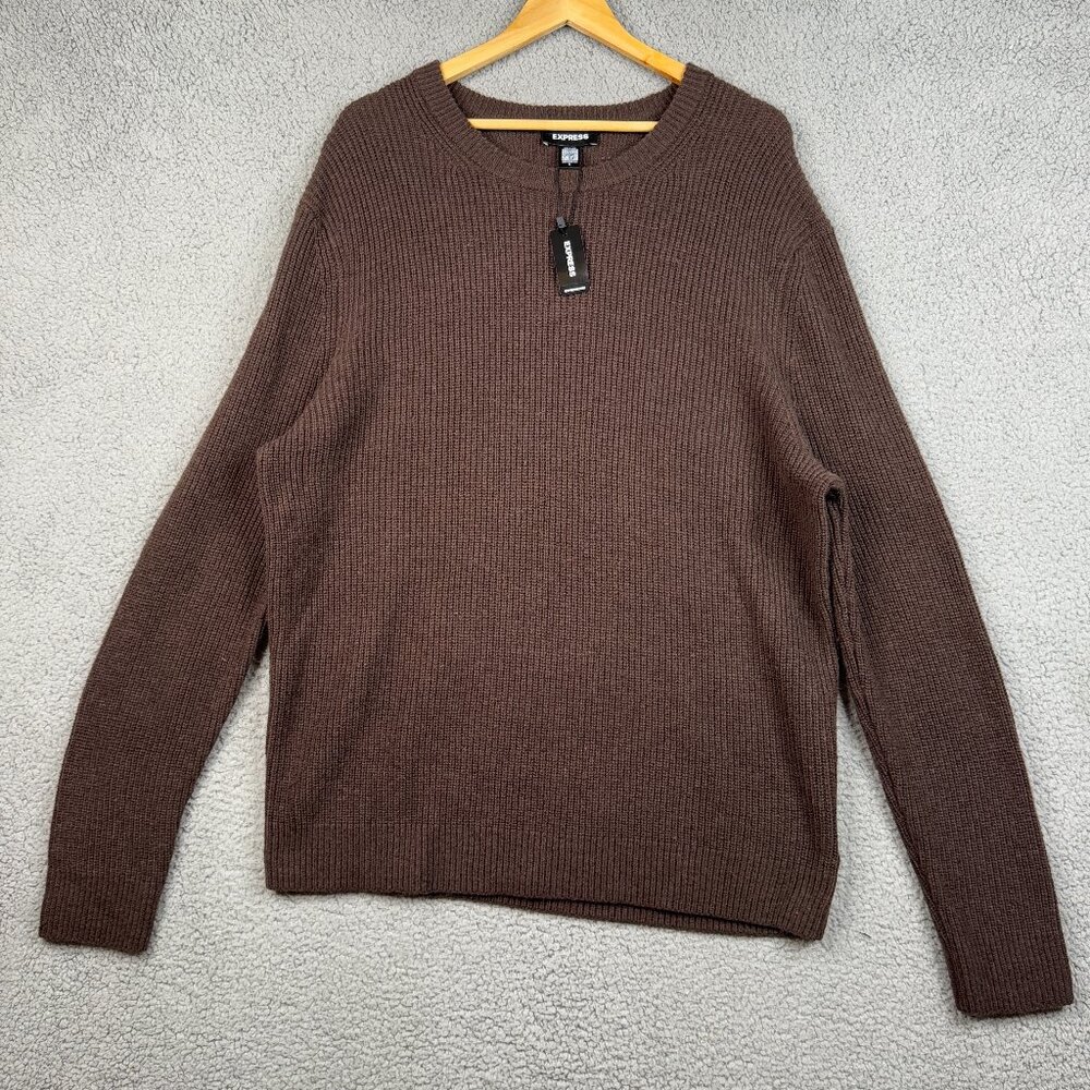 Express Sweater Mens XL Brown Cable-Knit Pullover SLim Fit Crew Neck Wool Blend‎